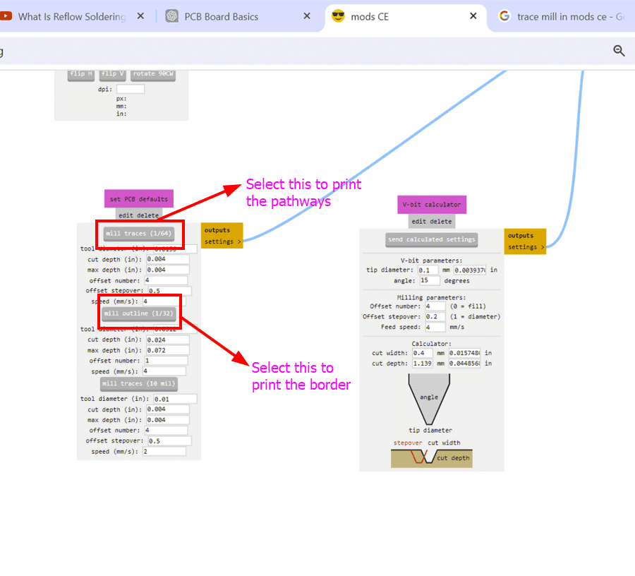 Screenshot of selecting mill traces